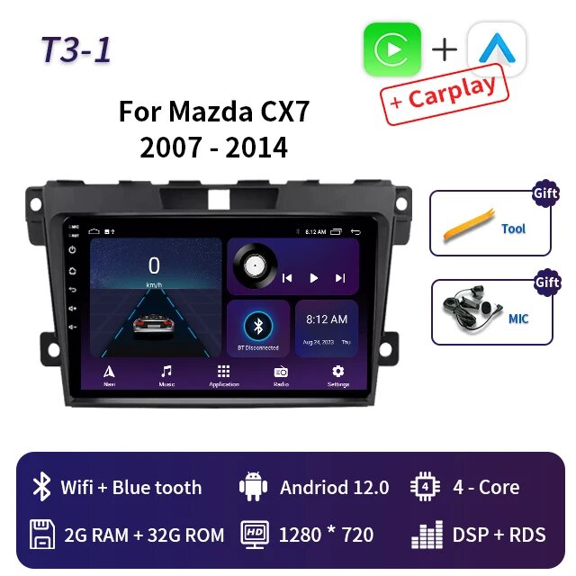 Автомобильный радиоприемник 2 Din Android 13 для MAZDA CX-7 CX7 CX 7 2007 2008 2009 2010 2011-2014 Мультимедийный плеер с GPS-навигацией 4G Carplay, T3-1 2 32GB Play