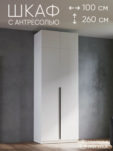 Изображение товара Шкаф для одежды распашной с антресолью и ручкой уютная логика 100*260*50 см, с полками, Белый