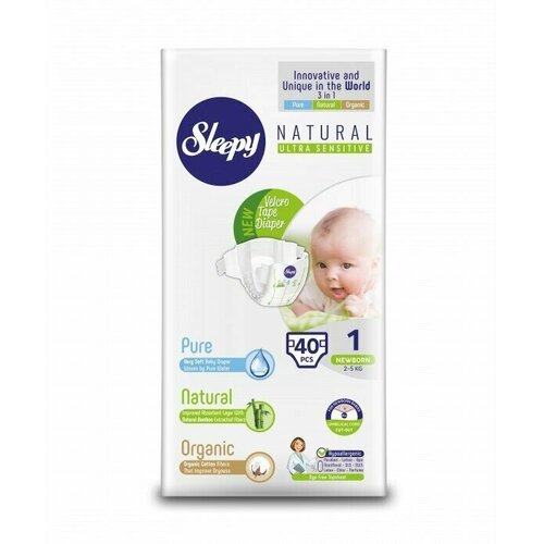 Sleepy Детские подгузники Natural Jumbo Pack,1 - Newborn, 40 шт, 2-5кг