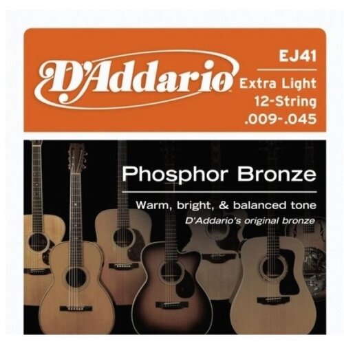 D'ADDARIO EJ41 - струны для 12-струнной гитары, с обмоткой из фосфорной бронзы, Extra Light 9-45