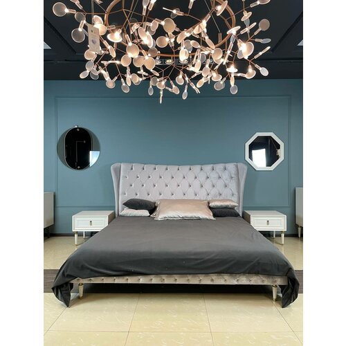 Кровать Lorenta/МДФ, велюр/серый, белый, золотой/210x223x124 см/размер спального места 180х200 см