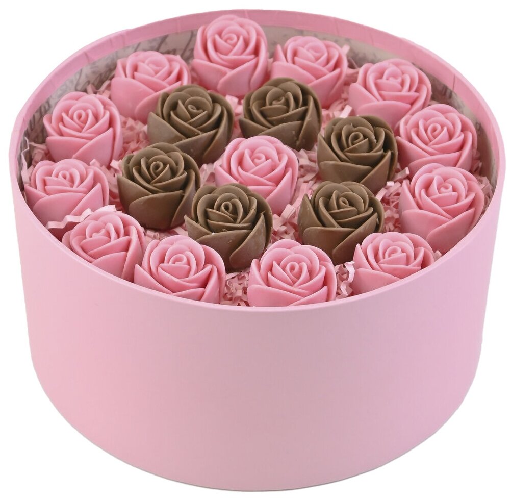 Шоколадные розы CHOCO STORY - 19 шт. в Розовой шляпной коробке, Розовый и Молочный Бельгийский шоколад с узором "Круг", 228 гр. Z19-R-RSH-O - фотография № 4
