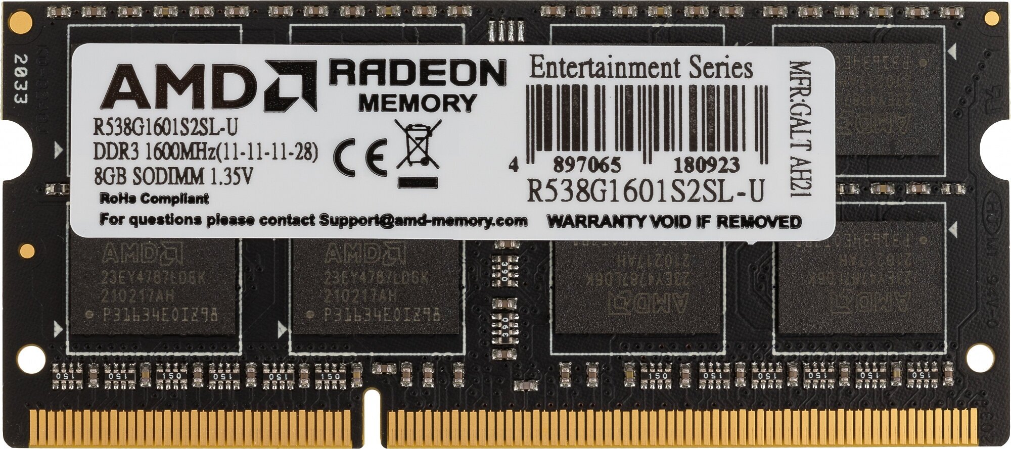 Модуль памяти SODIMM DDR3 8GB AMD 1600MHz, black, Non-ECC, CL11, 1.35V, Retail - фото №3