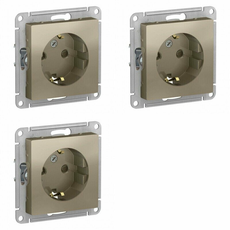 фото Розетка ATLASDESIGN, скрытый монтаж, с заземлением, со шторками, шампань. ATN000545 Schneider Electric (3шт.)