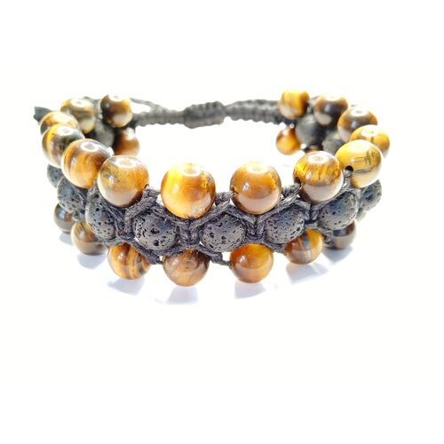 фото Браслет мужской из натурального камня тигровый глаз 8 мм и лава 8 мм шамбала черный шнур с любовью камни