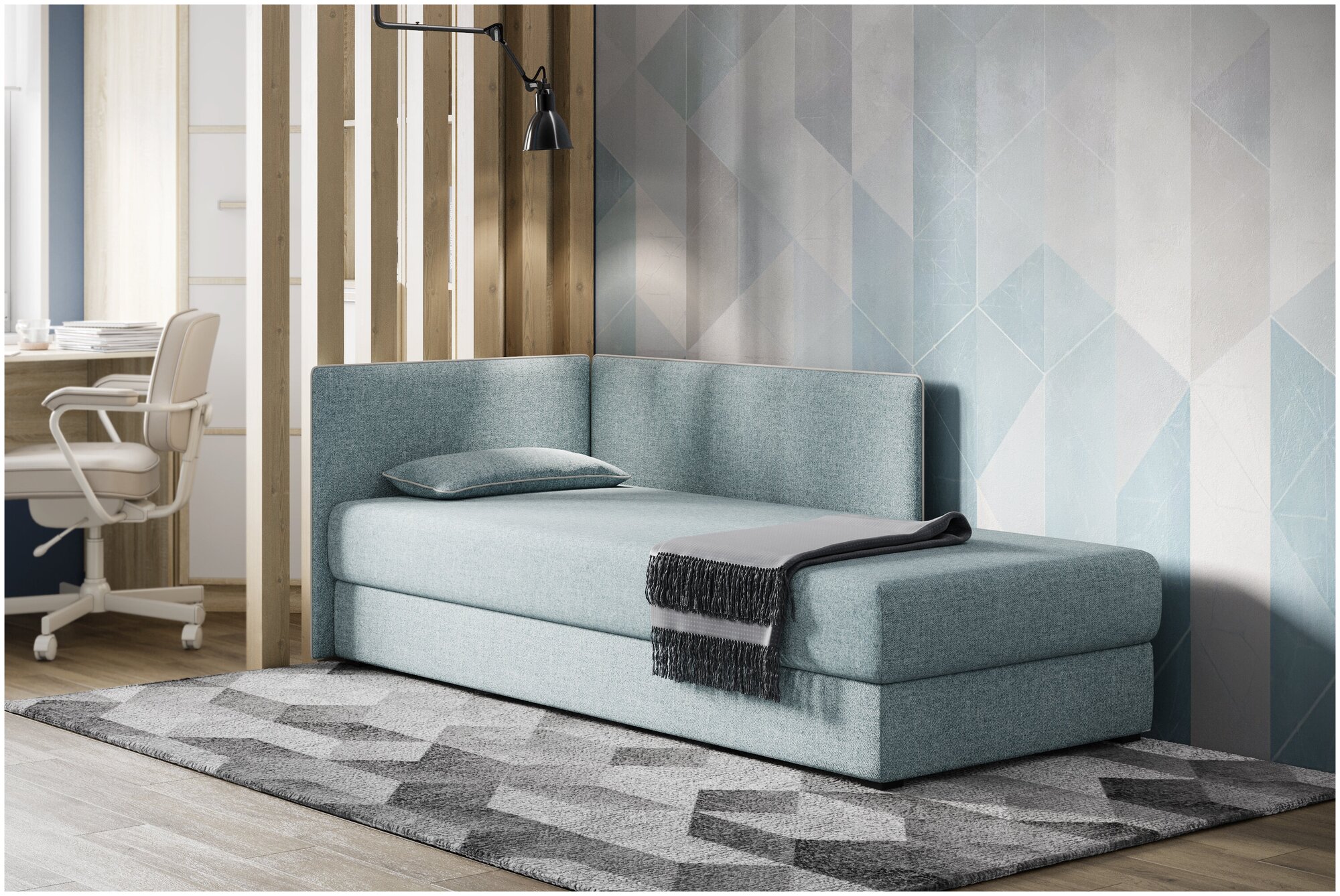 фото Тахта MIA левая рогожка Sherlock 975 серо-голубой, кожзам Madrit 982 коричневый