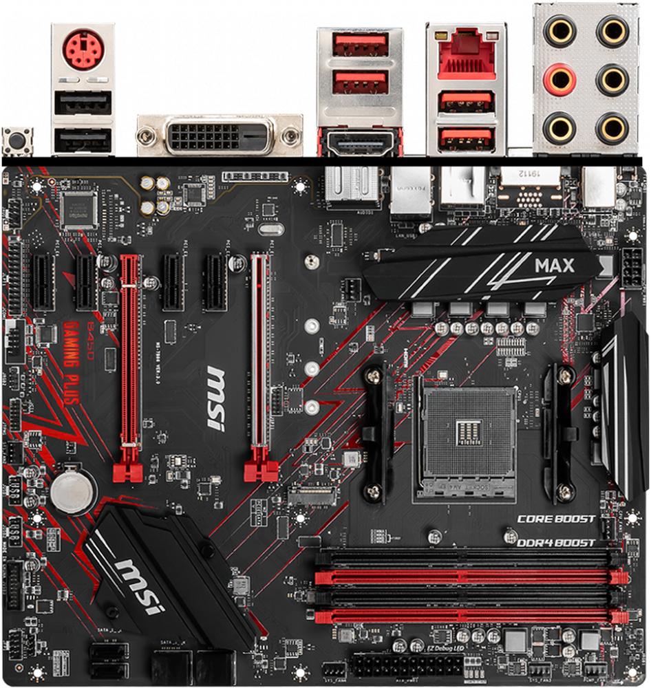 Материнская плата MSI B450 Gaming Plus Max B450 Socket AM4 4xDDR4, 6xSATA3, RAID, 1xM.2, 2xPCI-E16x, 4xUSB3.1, DVI-D, HDMI, Glan, ATX