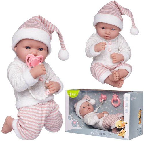Пупс Junfa Pure Baby в вязаных бело-розовых полосатых штанишках и шапочке-колпаке, серой толстовке, с аксессуарами, 35см WJ-22517
