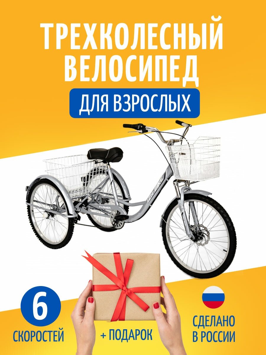 Трехколесный велосипед для взрослых IZH-BIKE Farmer (Фермер) 2022 / Городской велосипед трицикл ИЖ-Байк Фермер 24 / Велосипед с корзиной для дачи