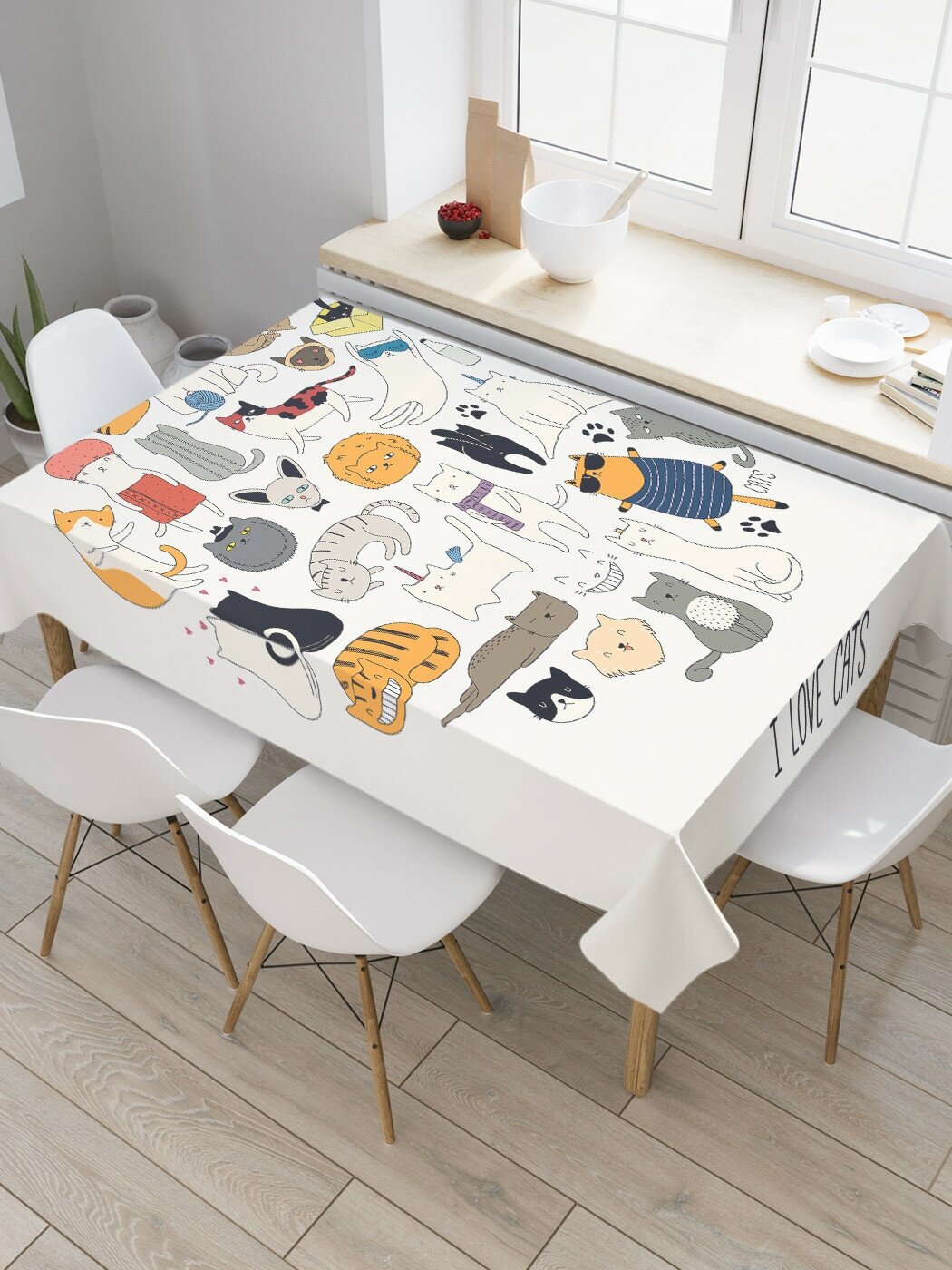 Прямоугольная тканевая скатерть на стол JoyArty с рисунком "Люблю котов" 120 на 145 см