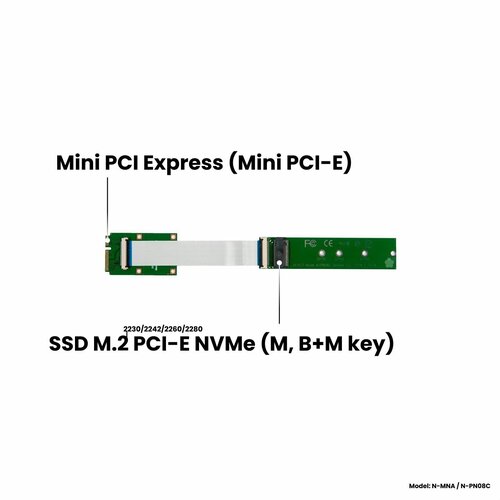 Адаптер-переходник удлинитель для установки SSD M.2 2230-2280 PCI-E NVMe (M, B+M key) в слот Mini PCI-E, NFHK N-MNA / N-PN08C