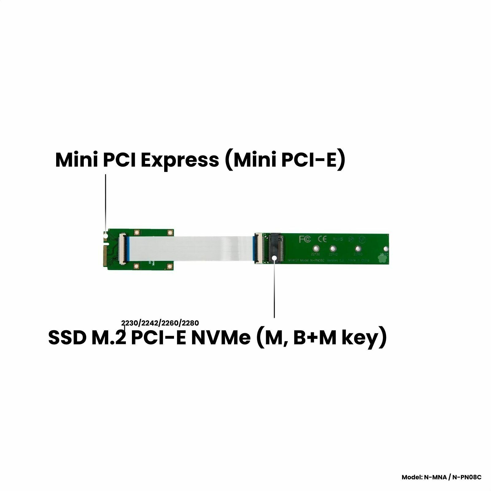 Адаптер-переходник удлинитель для установки SSD M.2 2230-2280 PCI-E NVMe (M, B+M key) в слот Mini PCI-E, NFHK N-MNA / N-PN08C