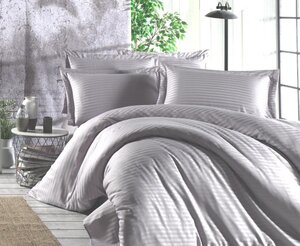 Фото Комплект постельного белья, Cheery home, полисатин страйп однотонный, Евро с 2 наволочками 70*70, цвет светло-серый