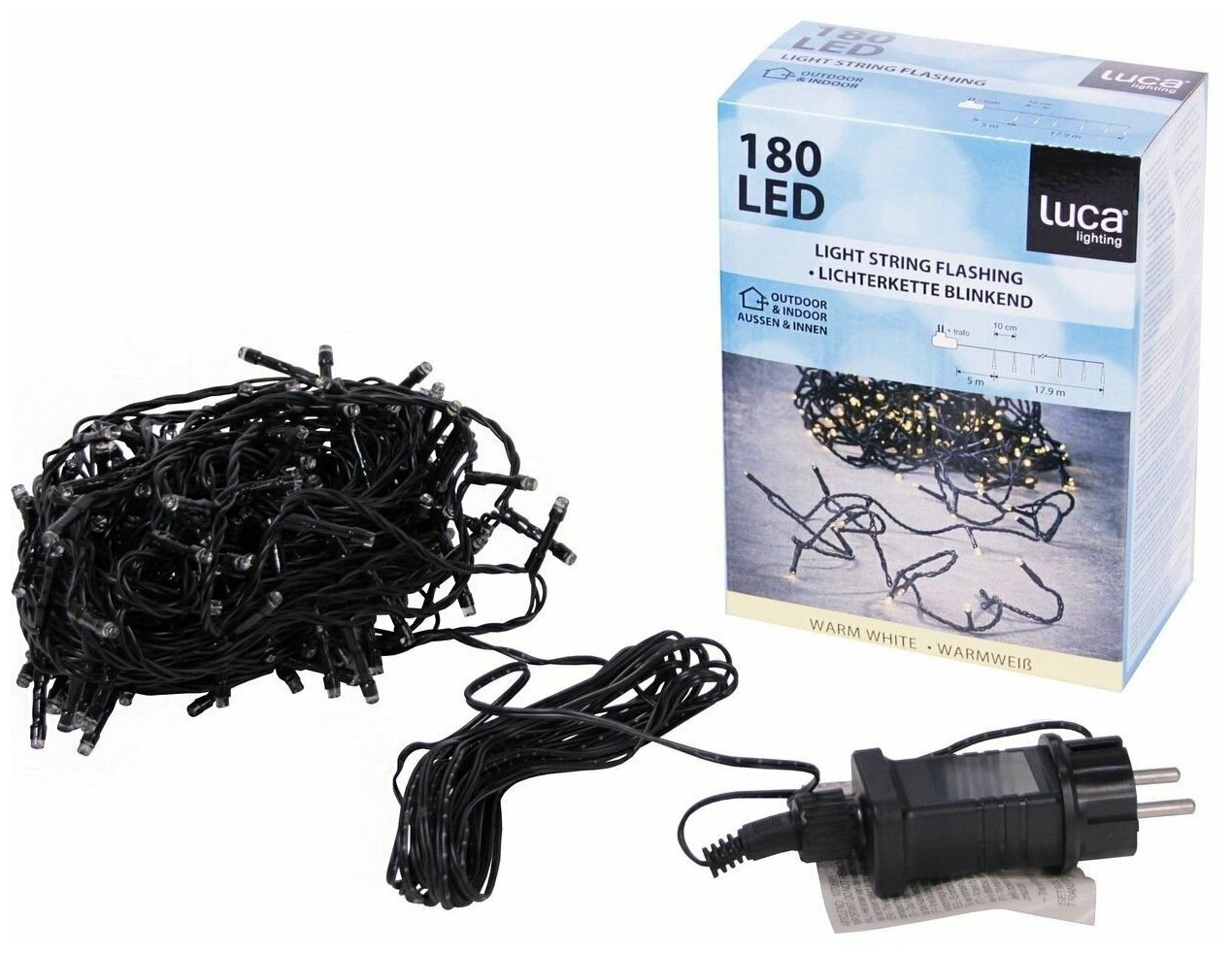 фото Светодиодная гирлянда 18 м, 180 теплых белых LED ламп со 100% мерцанием, зеленый ПВХ, IP44, Edelman