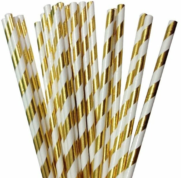 Трубочки бумажные L-20см белые с золотыми полосками уп/250шт d-6мм