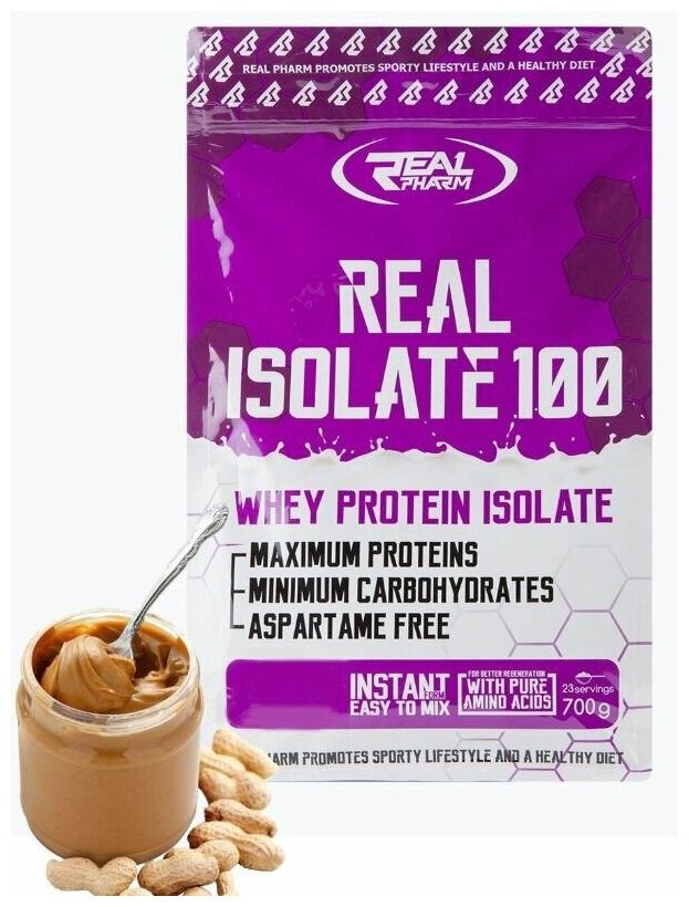 Изолят сывороточного протеина Real Pharm Real Isolate 100, 700г (Арахисовая паста) / Для набора мышечной массы и похудения