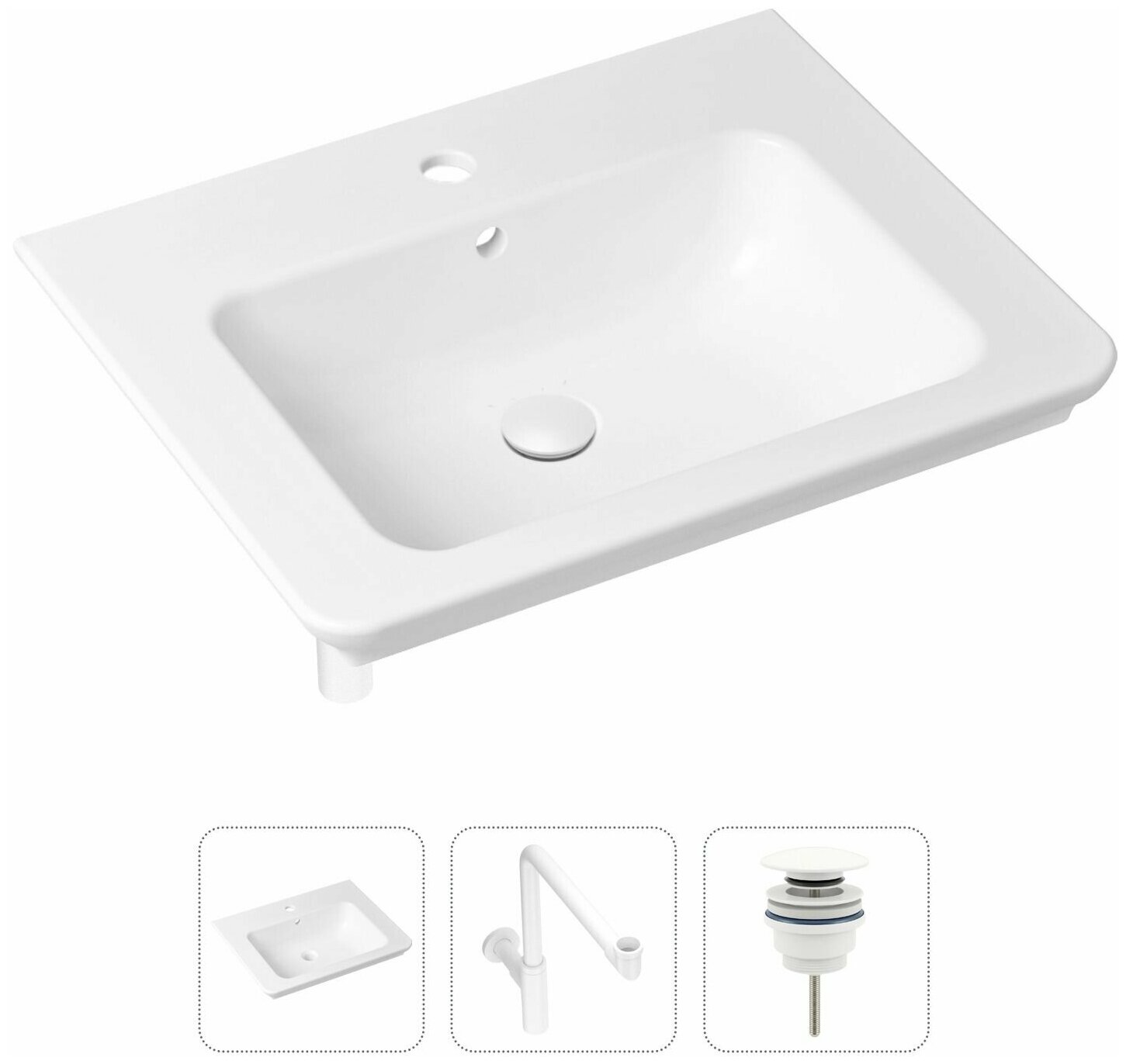 Комплект 3 в 1 Lavinia Boho Bathroom Sink 21520432: врезная фарфоровая раковина 60 см, металлический сифон, донный клапан