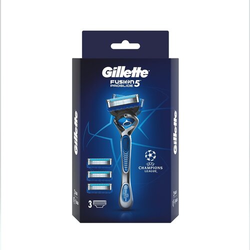 Многоразовый бритвенный станок Gillette Fusion5 ProGlide с 3 сменными кассетами c символикой UEFA Champions League, серый/черный (c символикой UEFA Champions League), 3 шт. мужская бритва fusion 5 фьюжн 5 с 4 сменными кассетами c символикой uefa champions league уефа чемпионс лиг тм gillette жиллетт