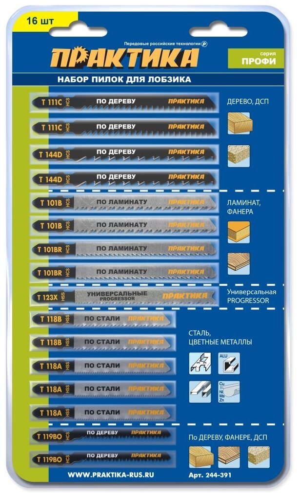 Набор пилок для лобзика ПРАКТИКА универсальный, 8 типов, 16 шт, блистер (244-391)