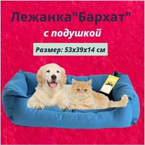 Лежанка "Бархат" прямоугольная пухлая с подушкой Моськи-Авоськи, 53х39х14 см, цвет синий