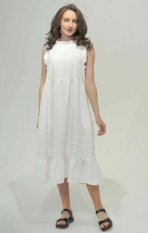 Платье лен, повседневное, свободный силуэт, миди, карманы, размер 46-48, белый