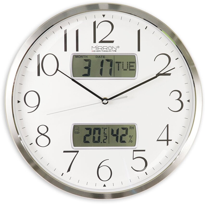 Большие круглые настенные кварцевые часы MIRRON P3263A-2 ЖК СБ/38 см/Серебристый цвет корпуса/Белый (светлый) циферблат/Бесшумный плавный механизм/Оригинальные часы/Два жк-дисплея/Часы с датой/Часы с термометром, гигрометром