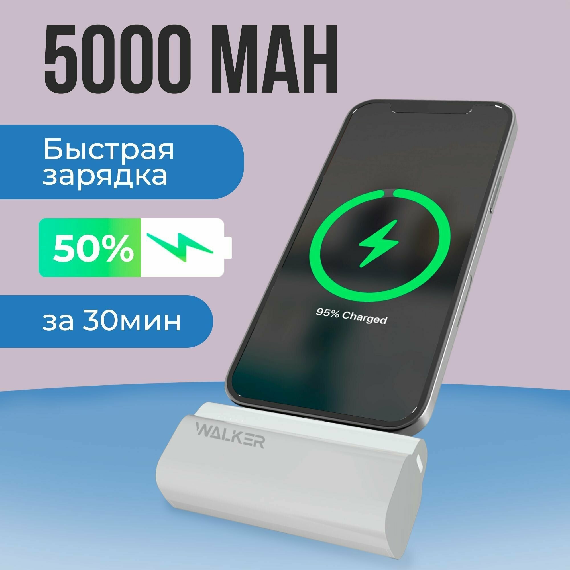 Повербанк для iphone 5000 mAh разъем Lightning WALKER WB-960 power bank для телефона внешний аккумулятор пауэр банк на айфон пауэрбанк белый