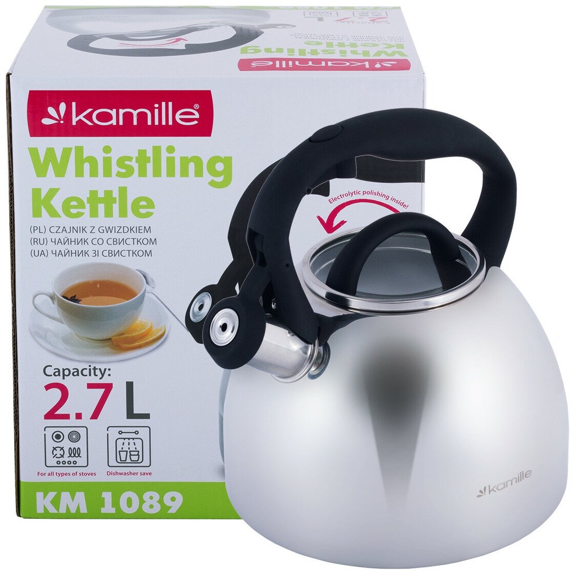 фото Чайник Kamille 2,7 л из нержавеющей стали со свистком KM-1089