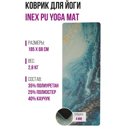 Дизайнерский коврик для йоги INEX Yoga PU Mat полиуретан с принтом, море с позолотой, 185х68х0,4 см.