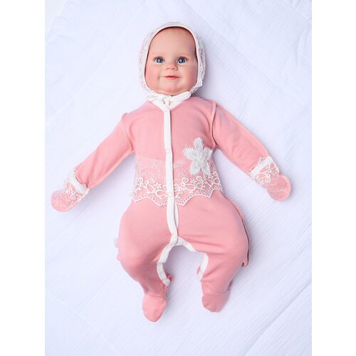 фото Комплект одежды jolly baby для девочек, комбинезон и чепчик, нарядный стиль, без капюшона, застежка под подгузник, размер 56, розовый, бежевый