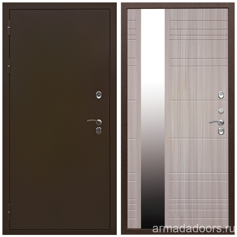Входная дверь Армада Термо 3К Молоток коричневый; МДФ 16 мм ФЛЗ Сити Сандал белый Зеркало