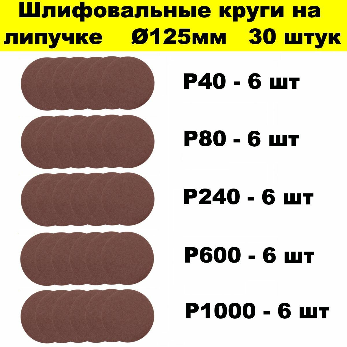 Круги шлифовальные 125 мм 30 штук набор из 5 зернистостей: Р40, Р80, Р240, Р600 и Р1000