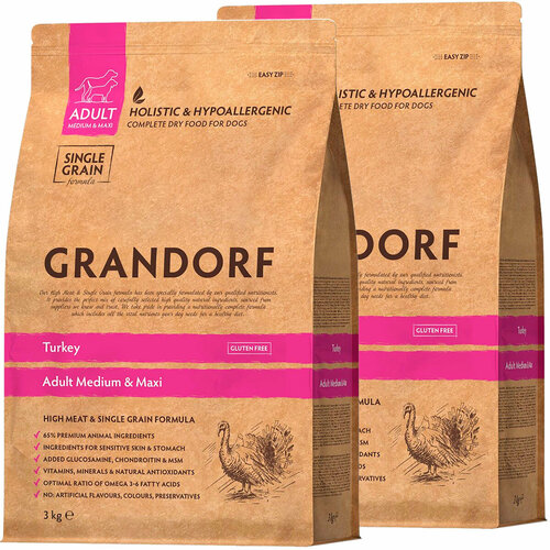 GRANDORF SINGLE GRAIN DOG ADULT MEDIUM & MAXI TURKEY низкозерновой для взрослых собак средних и крупных пород с индейкой (3 + 3 кг)