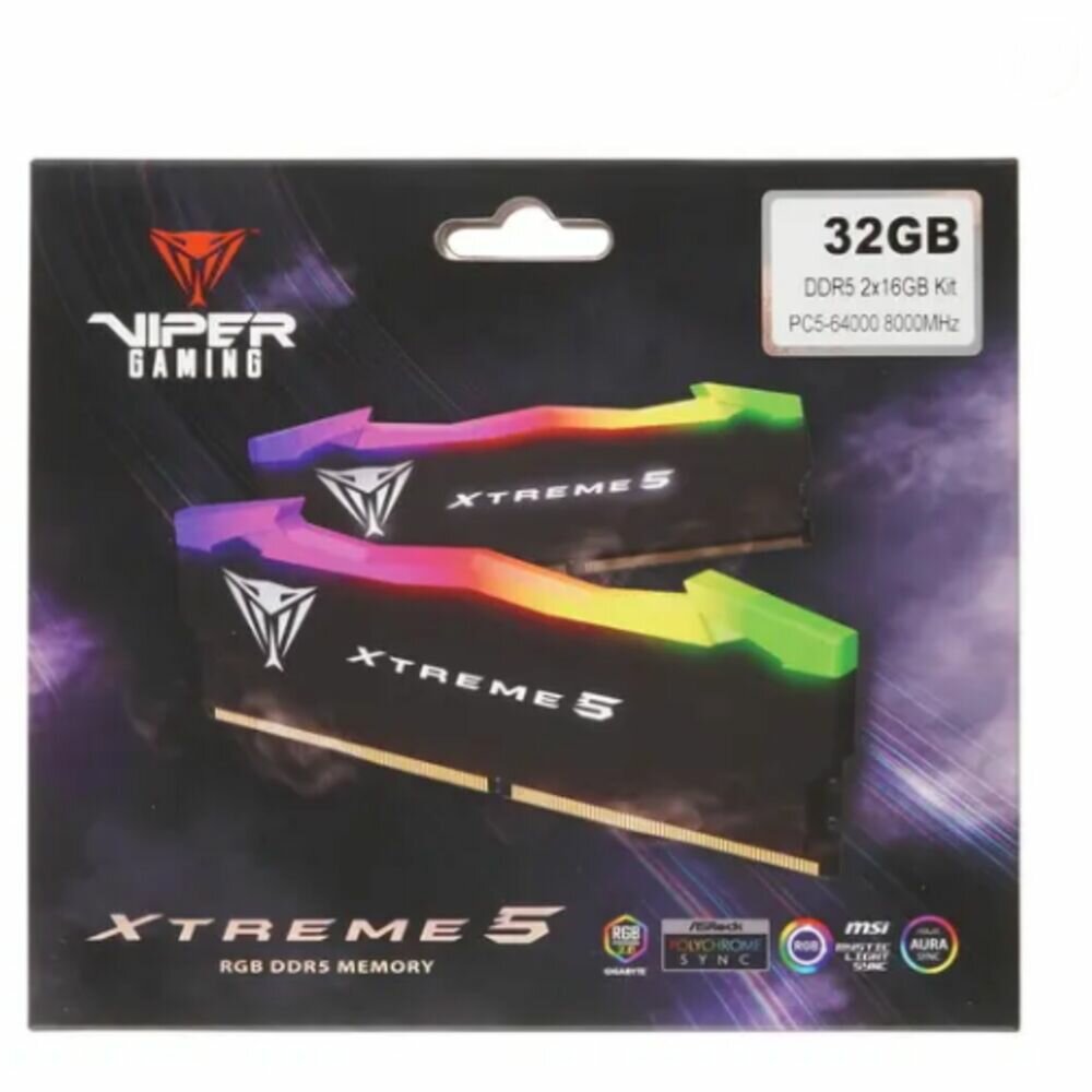 Модуль памяти DIMM 32Gb 2х16Gb DDR5 PC64000 8000MHz Patriot Memory Viper Xtreme 5 RGB (PVXR532G80C38K)