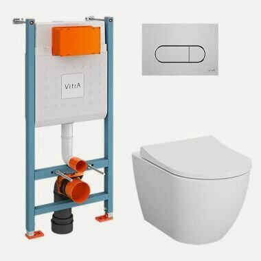Изображение товара Комплект унитаза с инсталляцией VitrA Mia Round 9873B003-7201, кнопка хром, безободковый унитаз