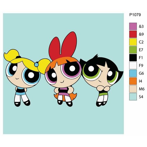 Детская картина по номерам P1079 Мультсериал The Powerpuff Girls (Суперкрошки). Цветик, Пузырёк и Пестик 30x30