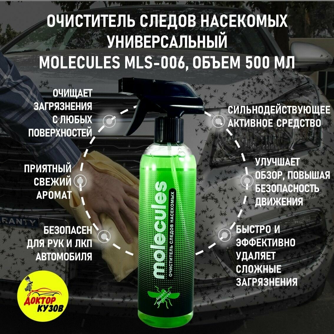 Очиститель для стёкол автомобиля / очиститель кузова / средство от насекомых / от комаров MOLECULES MLS-006, спрей, объем 500 мл