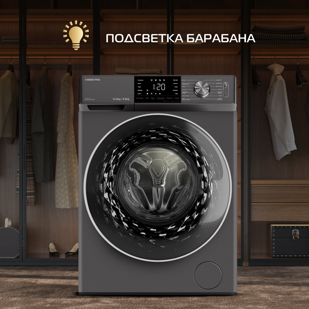Стиральная машина с сушкой HIBERG i-DDQ6A - 12814 Sd, инвертор, прямой привод, 12 кг, темно-серый — фото 11