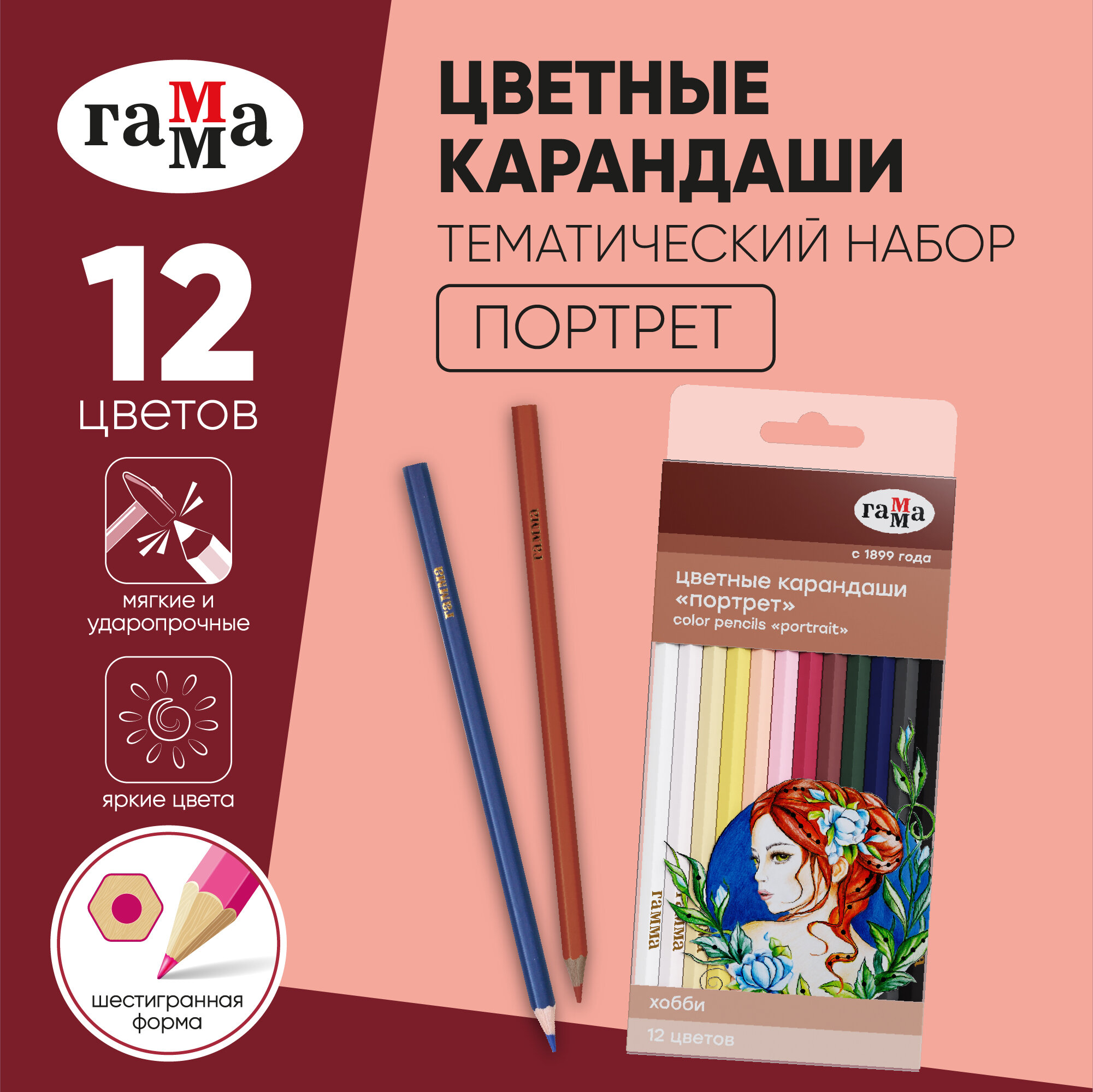 Цветные карандаши Гамма "Хобби. Портрет" 12 цветов, шестигранные / Набор цветных карандашей для рисования школьный