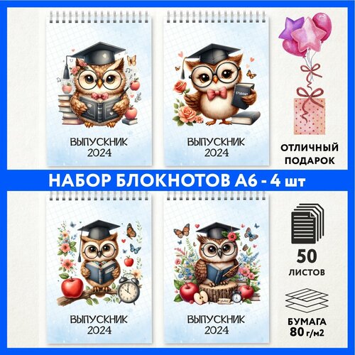 Набор блокнотов А6 - 4 шт подарок выпускнику детского сада на 1 сентября и День Рождения Школьная сова 333 - 3 notepad_school_owls_333_A6_set_3 699₽