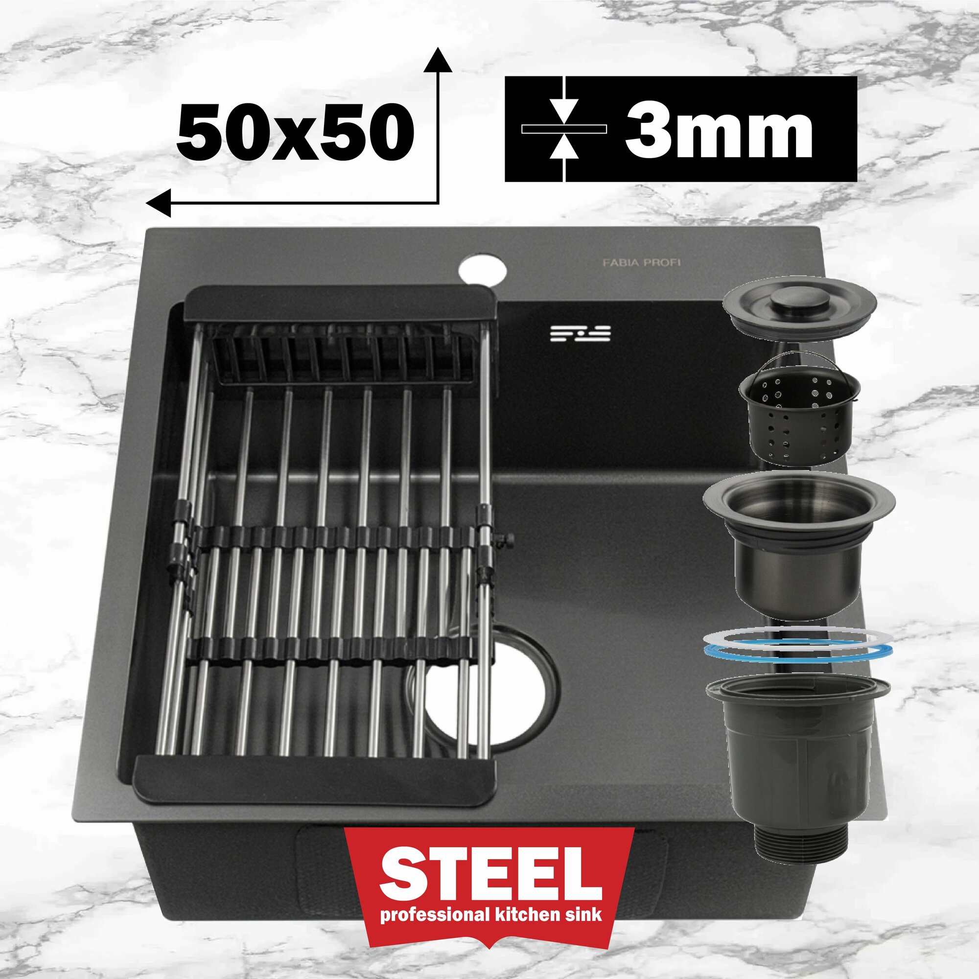 Мойка FABIA Profi 50503G графит врезная для кухни 50х50 см, Раковина из нержавеющей стали