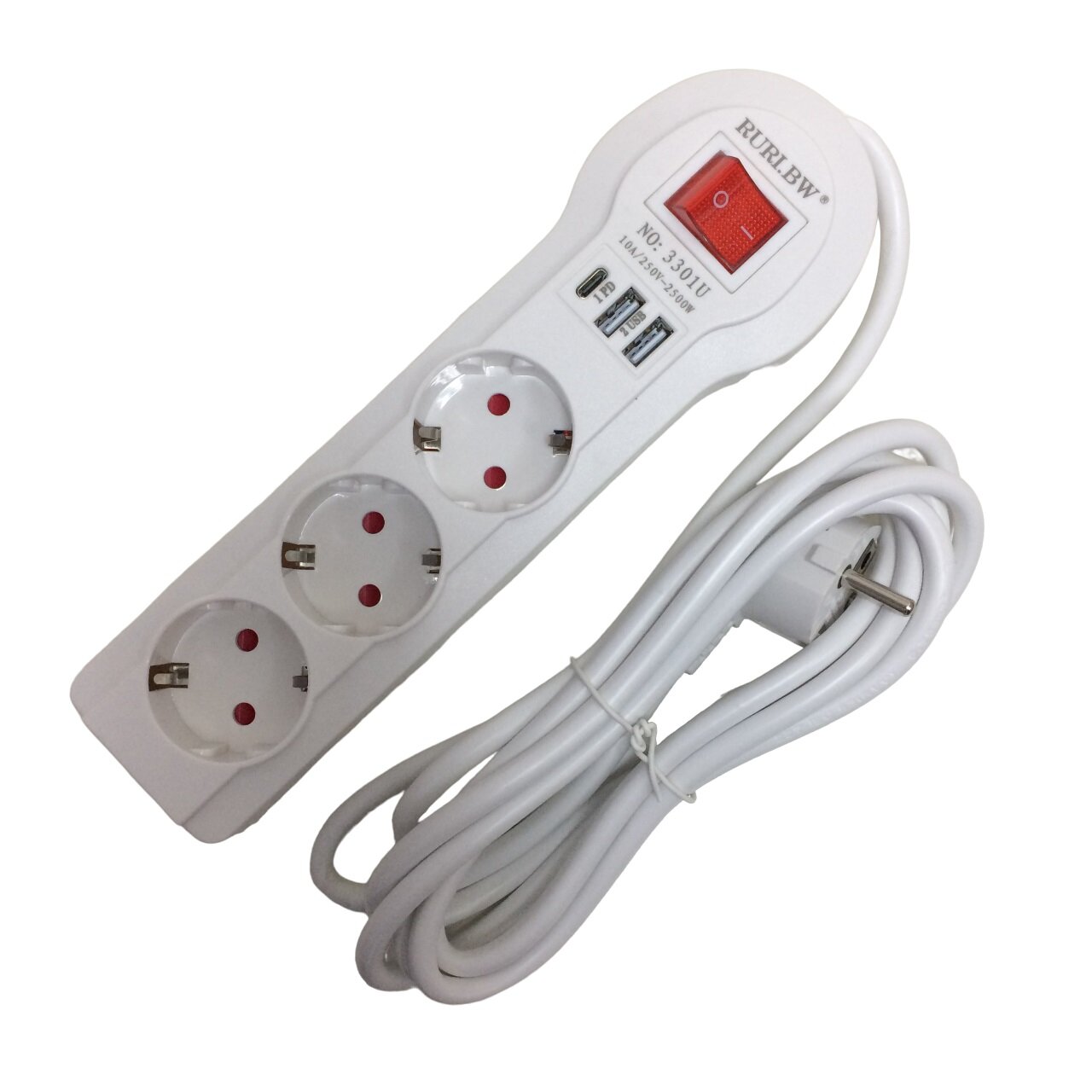 фото Сетевой фильтр, сетевой фильтр удлинитель, сетевой фильтр с usb, 2 USB, 3 розетки, 1 USB-Type-C, провод 3 метра, выключатель на корпусе