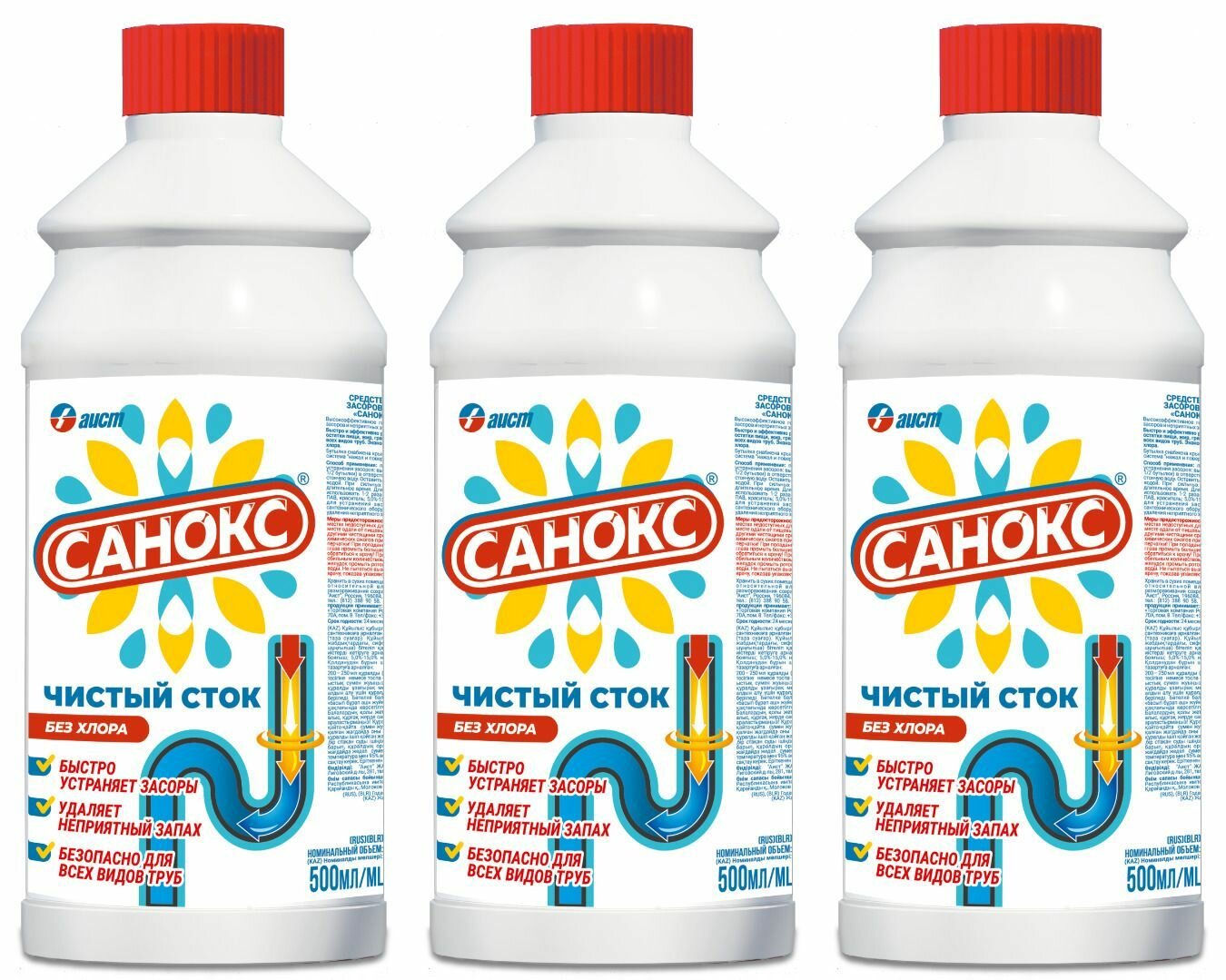 Санокс Средство от засоров в трубах Чистый сток, 500 мл, 3 шт
