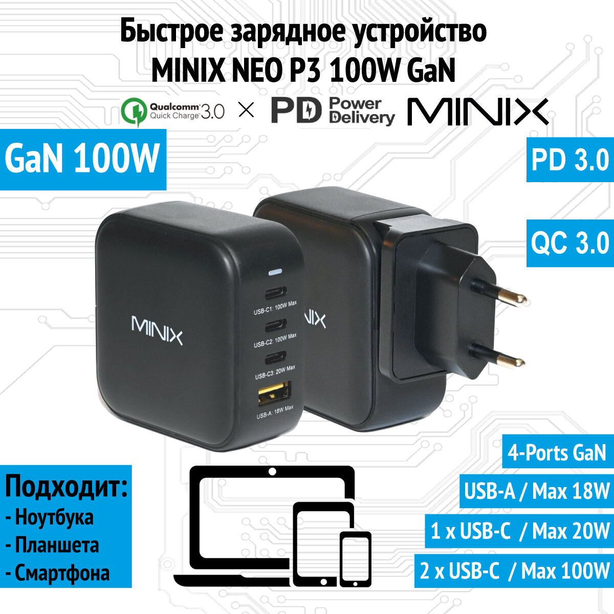 Сетевое зарядное устройство Minix NEO P3, GaN, быстрая зарядка 100Вт, черный