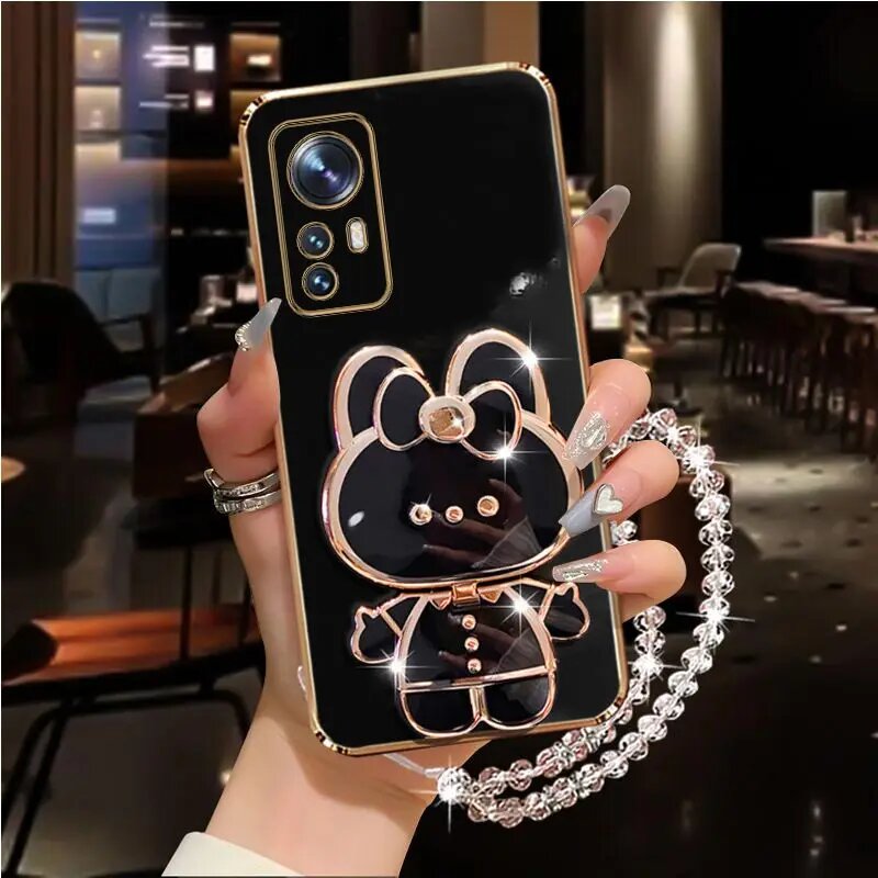 Чехол-держатель для телефона Mi11 Mi12 Mi13 Diamond Strap Mirror Rabbit для Xiaomi Mi 12 12T 8 9 10 10s 11 11T 13 14 Lite Pro Stand Cover, Black, Mi 13, Чехол и держатель