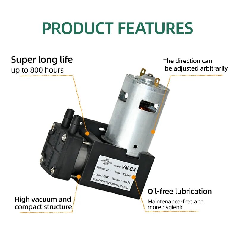 Изображение -Маленький вакуумный насос постоянного тока, 85 кПа, 40 л/мин, 12 В, 24 В, всасывающий поршневой насос с отрицательным давлением, банки, маленький вакуумный насос, 24V, VN-C4 Brushless