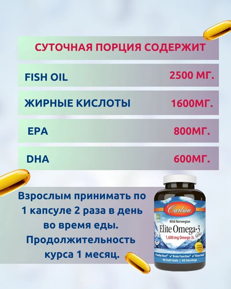 Омега 3 Carlson Labs для здоровья, 1600мг, 90 капсул для здоровья всего организма — фото 1