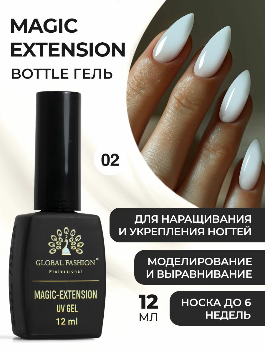 Global Fashion Молочный жидкий трёхфазный гель во флаконе с кистью для наращивания и укрепления ногтей Magic Extension, 12 мл / №02 молочный пломбир