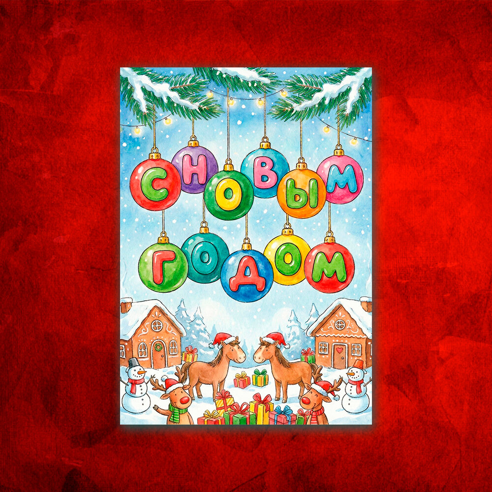 Новогодние открытки, Поздравительная открытка с Новым Годом , красивые яркие принты, формат А5