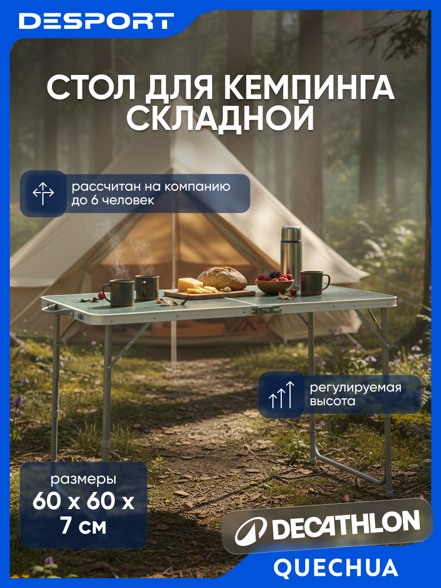 Складной стол Quechua Oxelo, для кемпинга, на 4-6 чел, металл/дерево/смола